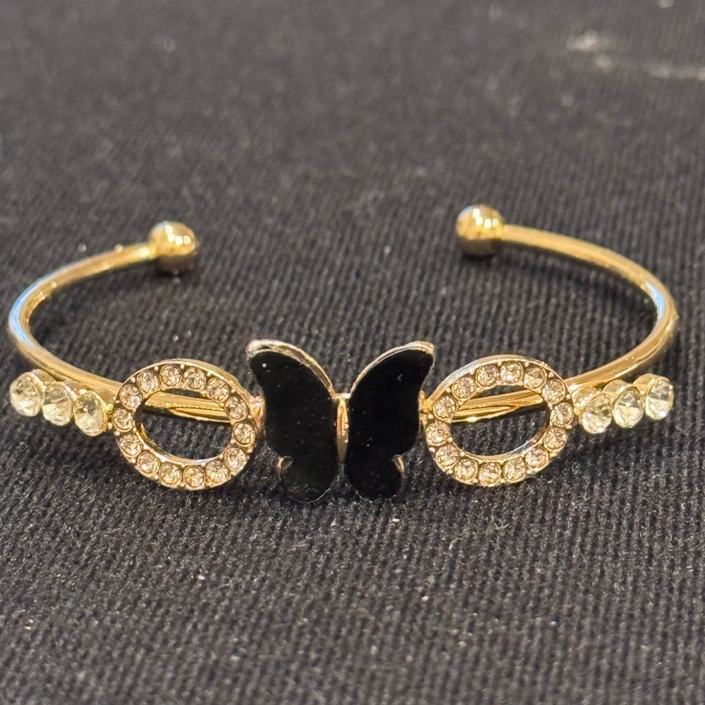 Fashion Jewelry Gold Black Butterfly Crystal Open Cuff Bracelet